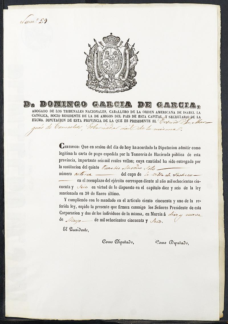 Certificados de las cartas de pago de la sustitución para el Ejército del reemplazo de 1856 de Torre Pacheco.