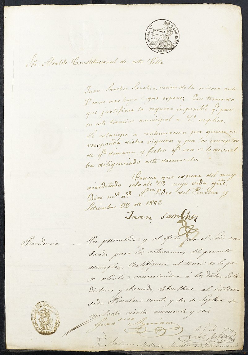 Certificado de riqueza de Juan Sánchez Sánchez para la justificación de la excepción del servicio militar, mozo del reemplazo de 1856 de San Pedro del Pinatar.