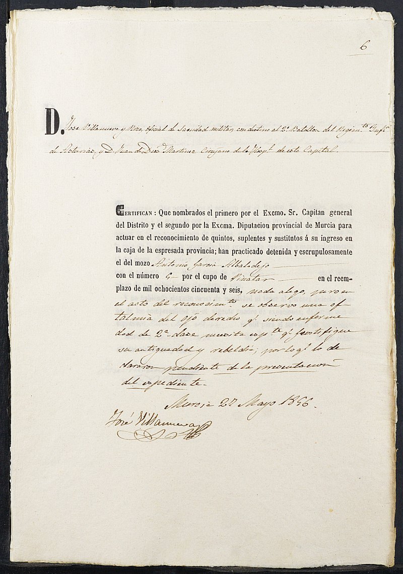 Certificados de las revisiones médicas de los mozos que alegan causa de excepción del servicio militar para el Ejército del reemplazo de 1856 de San Pedro del Pinatar.
