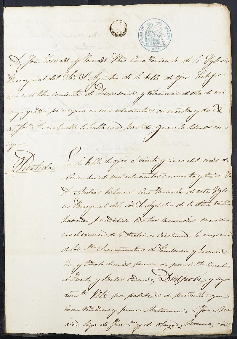 Certificados de matrimonio y bautismo de cura parroco de Ojós para la justificación de excepción del servicio militar de José Marín Moreno, mozo del reemplazo de 1856 de Ojós.