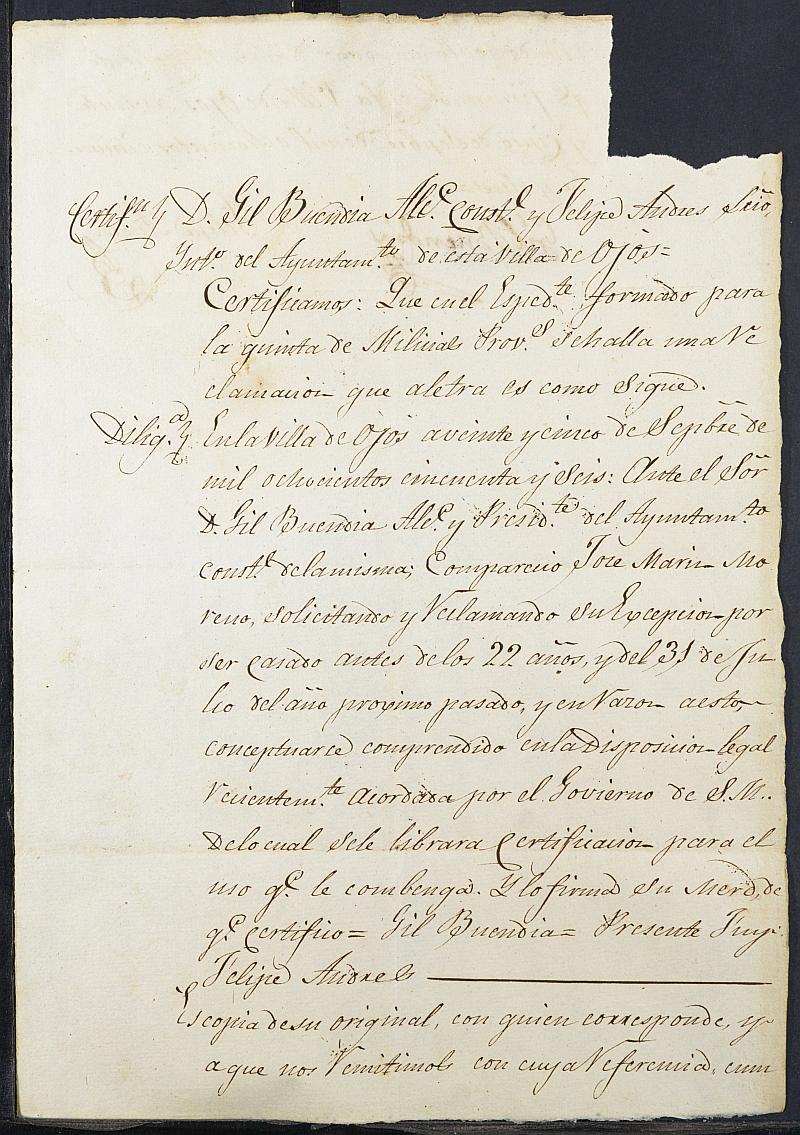 Certificado de matrimonio del alcalde de Ojós para la justificación de excepción del servicio militar de José Marín Moreno para las Milicias Provinciales, mozo del reemplazo de 1856 de Ojós.