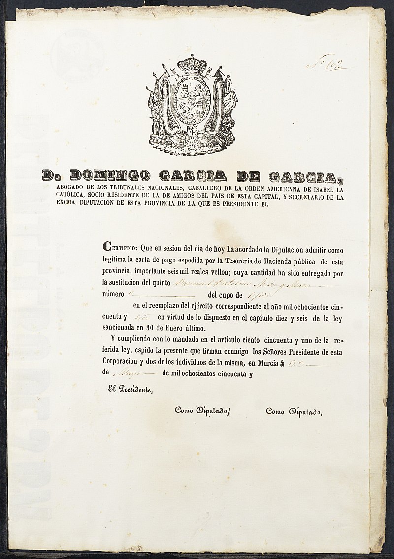 Certificado de la carta de pago de la sustitución de las Milicias Provinciales de Pascual Antolino Mara Mara, mozo del reemplazo de 1956 de Ojós.