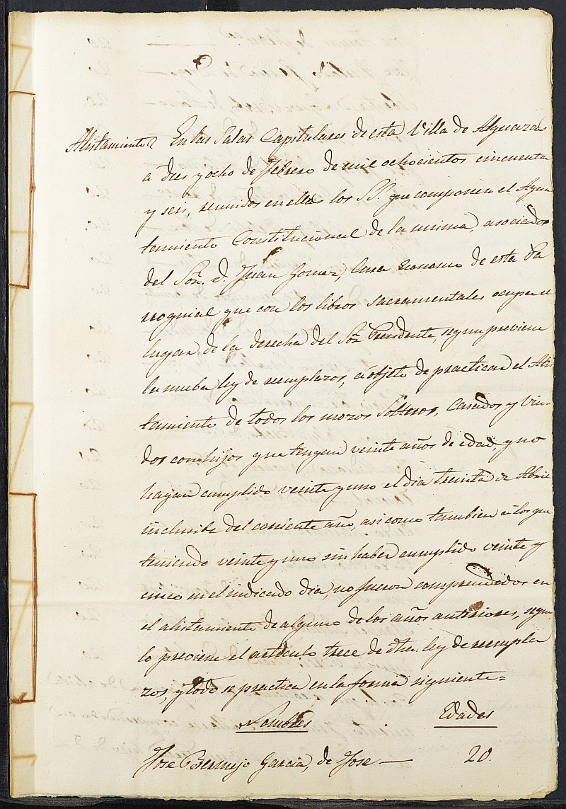 Copia de las actas de alistamiento y su rectificación del expediente general de reclutamiento y reemplazo de mozos para el Ejército del Ayuntamiento de Alguazas del reemplazo de 1856.