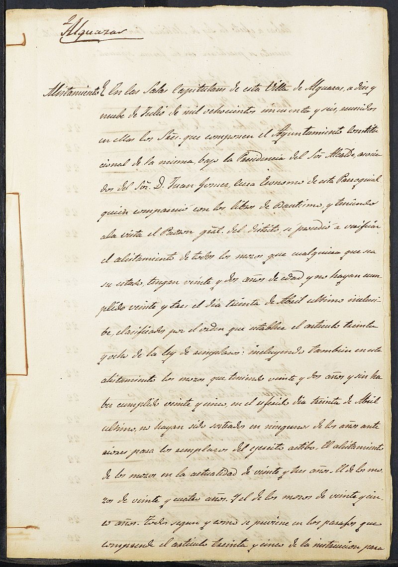 Copia de las actas de alistamiento y su rectificación del expediente general de reclutamiento y reemplazo de mozos para el Ejército del Ayuntamiento de Alguazas del reemplazo de 1856.