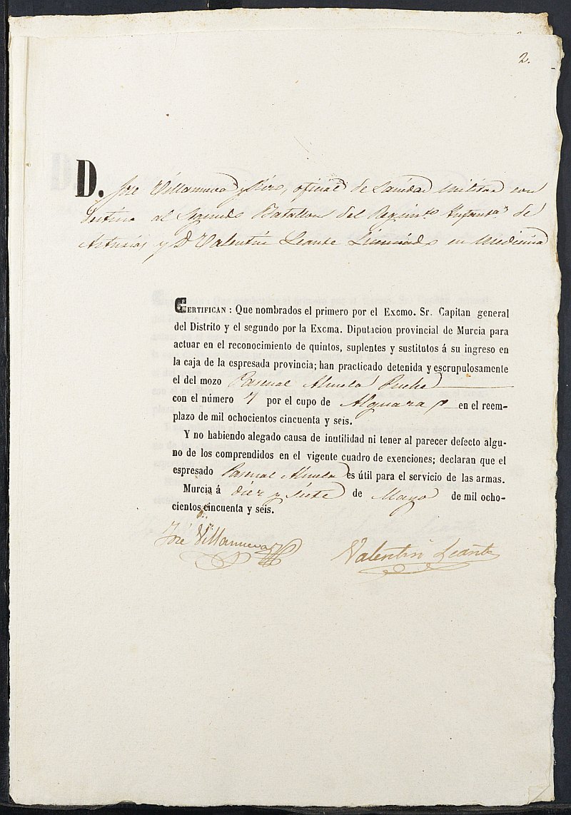 Certificados de las revisiones médicas de los mozos que alegan causa de excepción del servicio militar para el Ejército del reemplazo de 1856 de Alguazas.