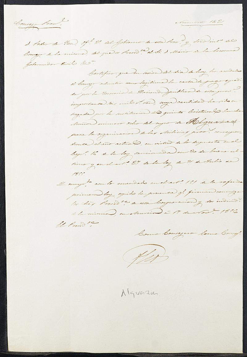 Certificado de la carta de pago de la sustitución de las Milicias Provinciales de Cristóbal Sánchez Muñoz, mozo del reemplazo de 1856 de Alguazas.