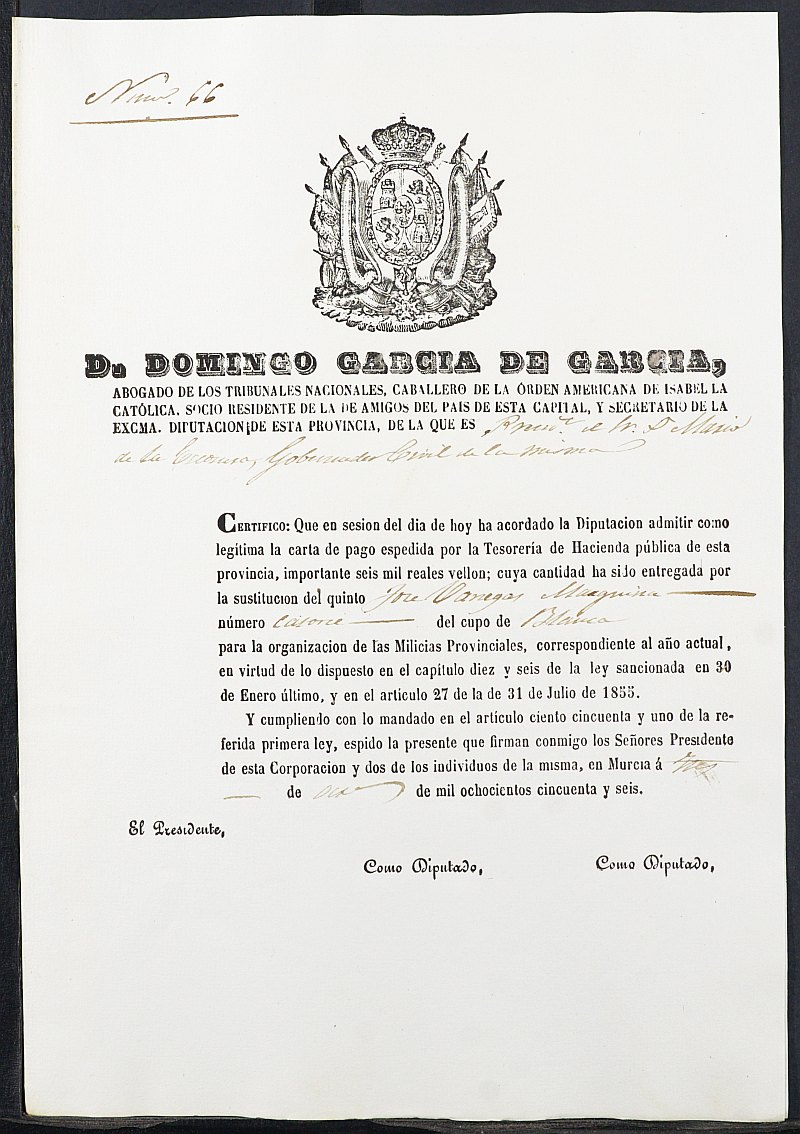 Certificados de las cartas de pago de la sustitución para las Milicias Provinciales del reempalazo de 1856 de Blanca.