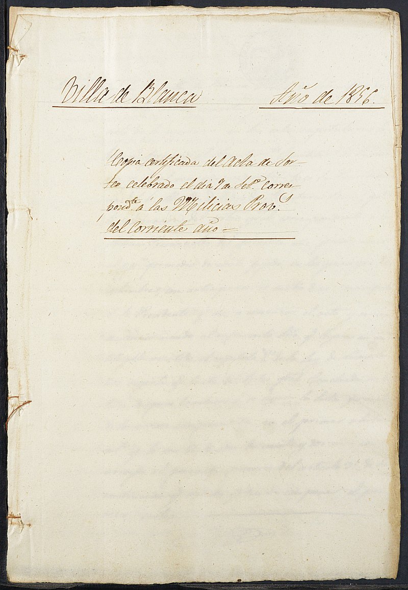 Copia certificada del acta del sorteo del expediente general de reclutamiento y reemplazo de mozos para las Milicias Provinciales del Ayuntamiento de Blanca del reemplazo de 1856.