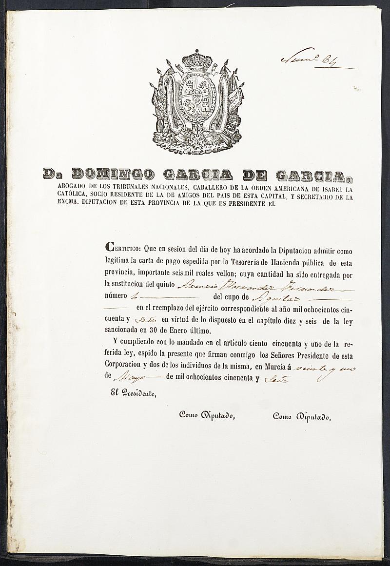 Certificados de las cartas de pago de la sustitución para el Ejército del expediente general de reclutamiento y reemplazo del Ayuntamiento de Águilas del reemplazo de 1856.