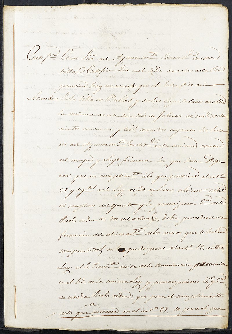 Copia certificada del acta del alistamiento, su rectificación y sorteo de mozos para el Ejército del Ayuntamiento de Bullas. Año 1856.