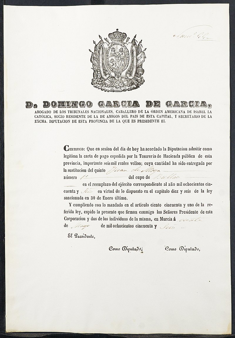 Certificado de la carta de pago de la sustitución para el Ejército de Juan de Moya, mozo del reemplazo de 1856 de Bullas.