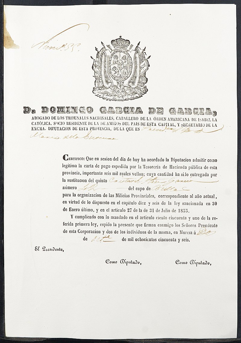 Certificado de la carta de pago de la sustitución de las Milicias Provinciales de Cristóbal Hernández García, mozo del reemplazo de 1856 de Bullas.