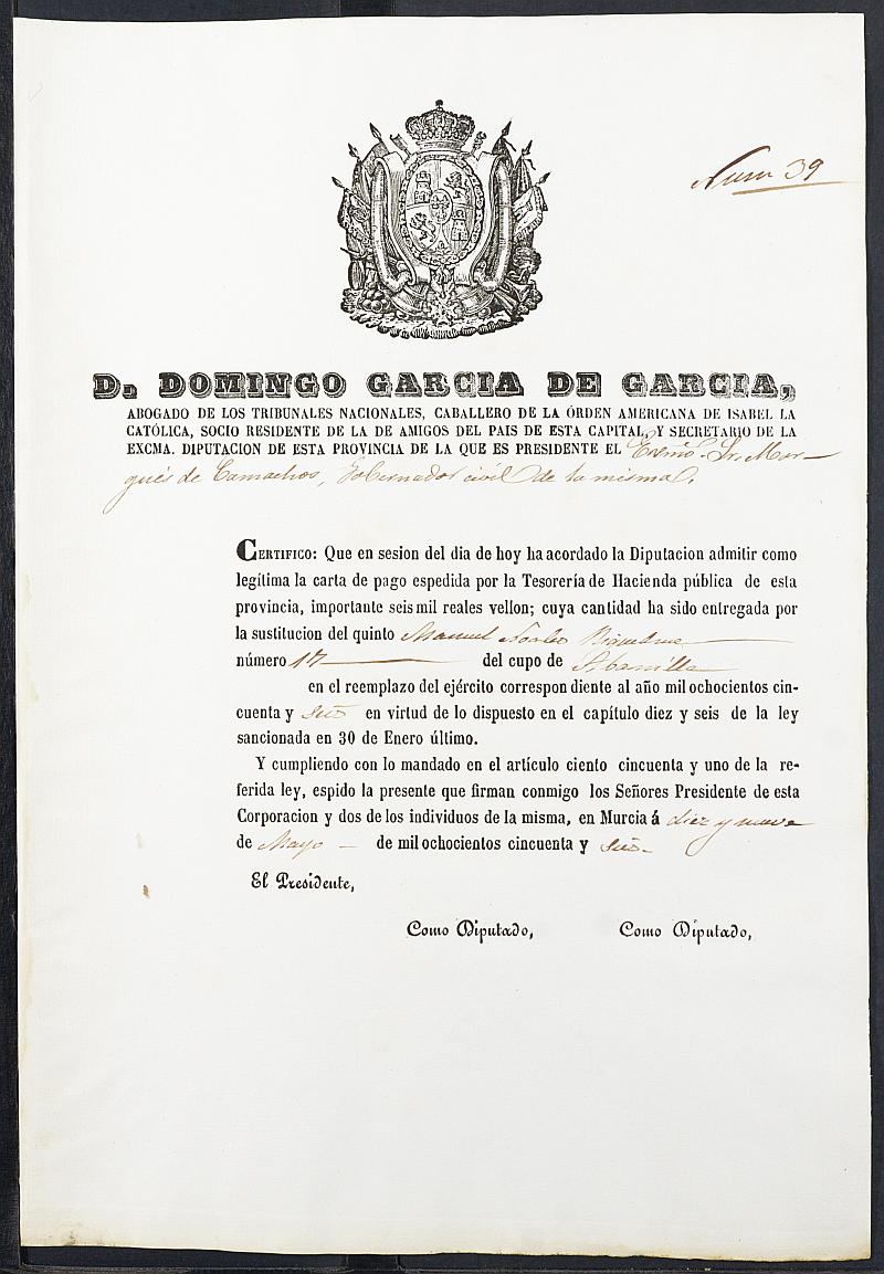 Certificados de las cartas de pago de la sustitución para el Ejército del reemplazo de 1856 de Abanilla.