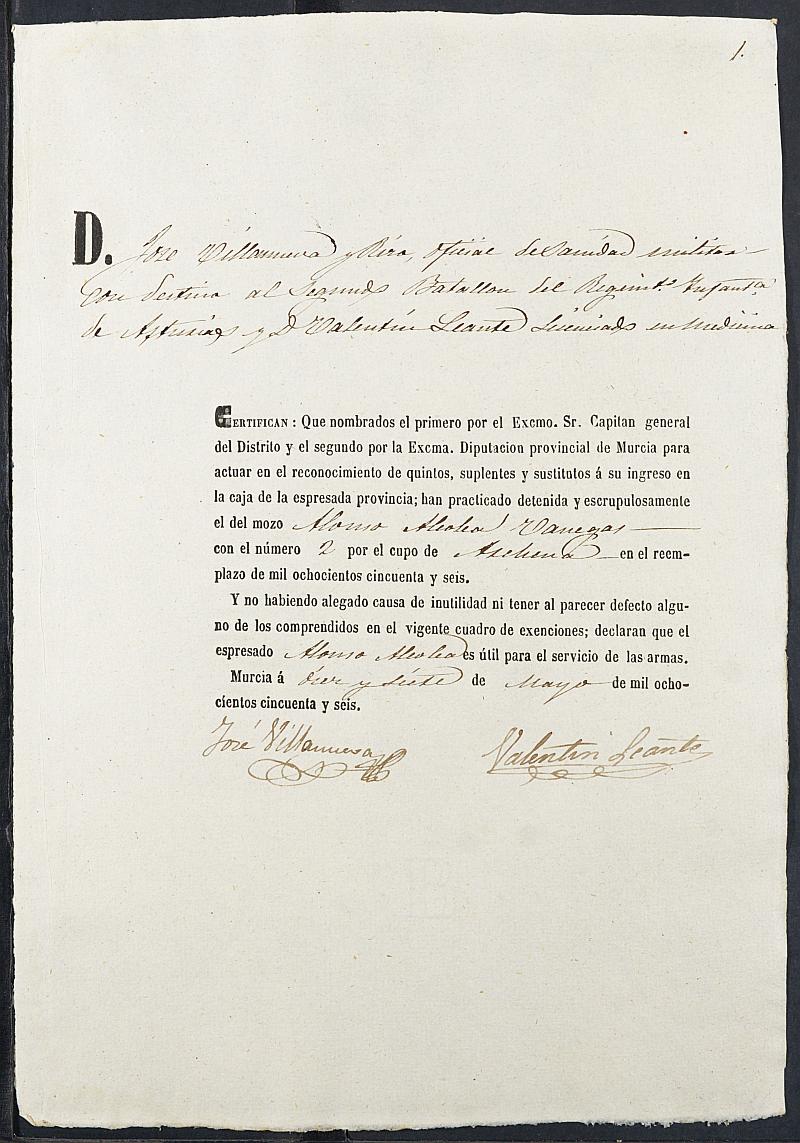 Certificados de las revisiones médicas de los mozos que alegan causa de excepción del servicio militar para el Ejército del reemplazo de 1856 de Archena.