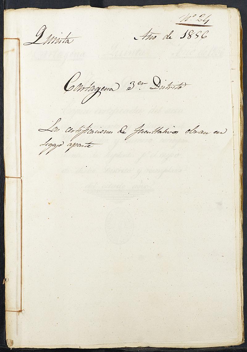 Copia certificada del expediente general de Quintas del Tercer Distrito para el Ejército del Ayuntamiento de Cartagena del reemplazo de 1856.