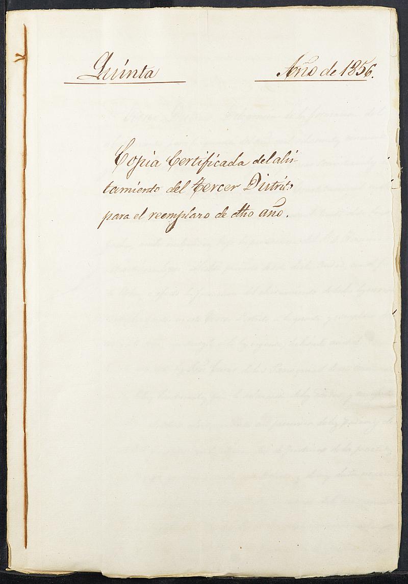 Copia certificada del acta del alistamiento y su rectificación de los mozos del Tercer Distrito para el Ejército del Ayuntamiento de Cartagena del reemplazo de 1856.