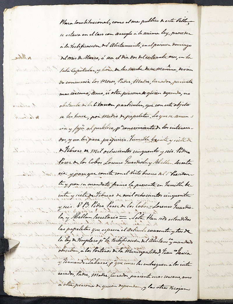 Copia certificada del acta del alistamiento, rectificación y sorteo de los mozos para el Ejército del Ayuntamiento de Jumilla del reemplazo de 1856.