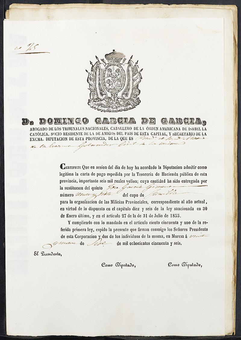 Certificados de las cartas de pago de la sustitución para las Milicias Provinciales del reemplazo de 1856 de Jumilla.