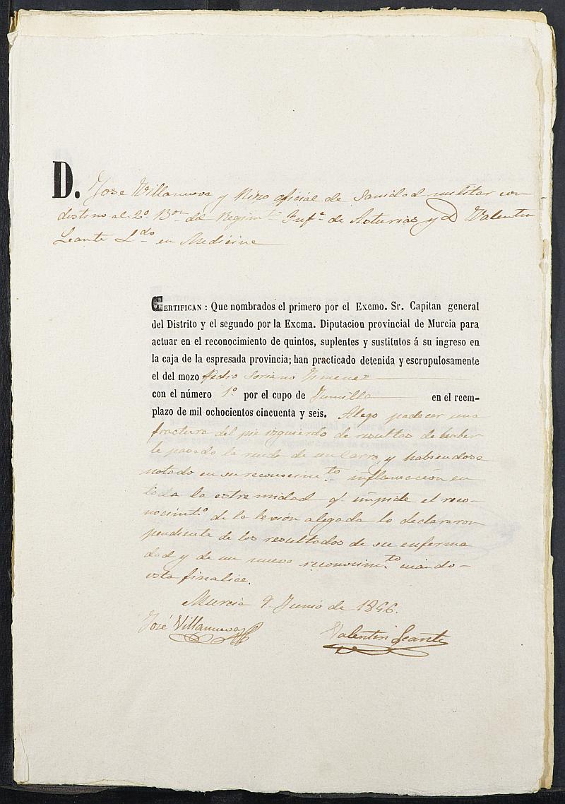 Certificados de las revisiones médicas de los mozos que alegan causa de excepción del servicio militar del reemplazo de 1856 de Jumilla.