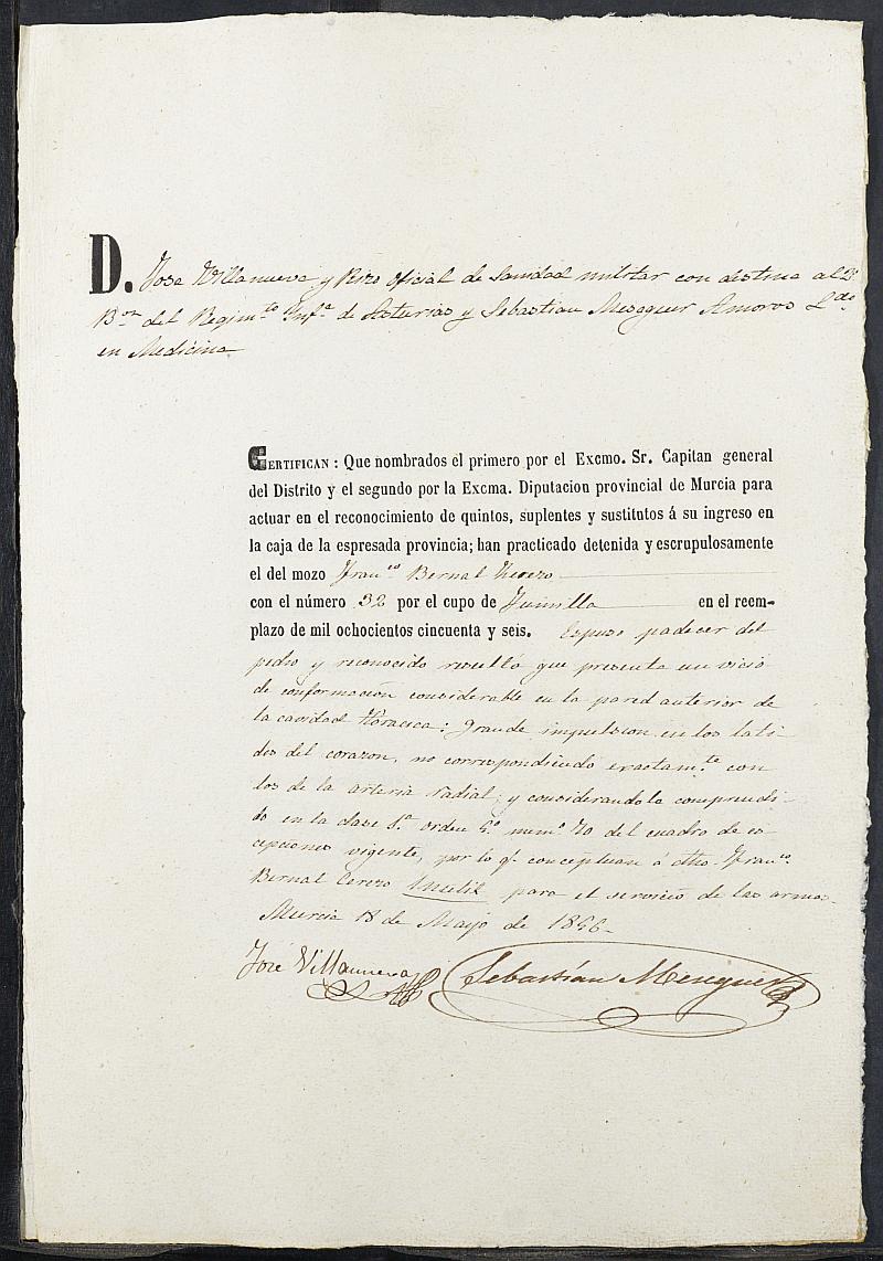 Expediente General de Reclutamiento y Reemplazo de Jumilla. Año 1856.
