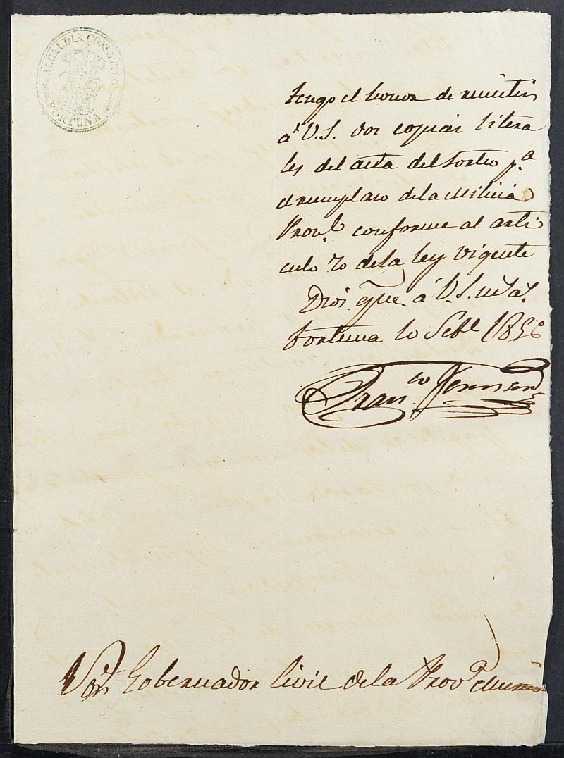 Copia certificada del acta del alistamiento, rectificación y sorteo de los mozos para las Milicias Provinciales del Ayuntamiento de Fortuna del reemplazo de 1856.