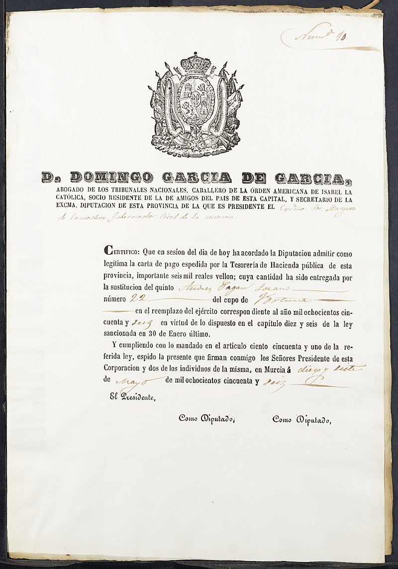 Certificados de las cartas de pago de la sustitución para el Ejército del reemplazo de 1856 de Fortuna.