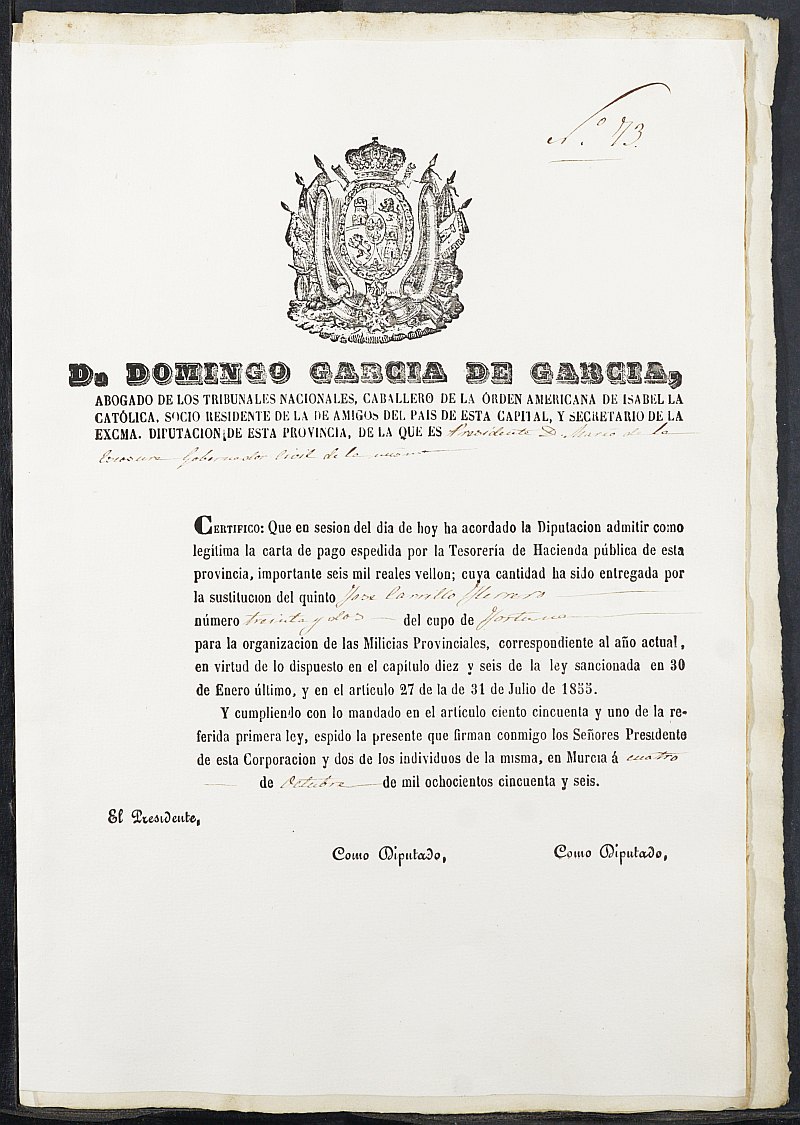 Certificados de las cartas de pago de la sustitución para las Milicias Provinciales del reemplazo de 1856 de Fortuna.