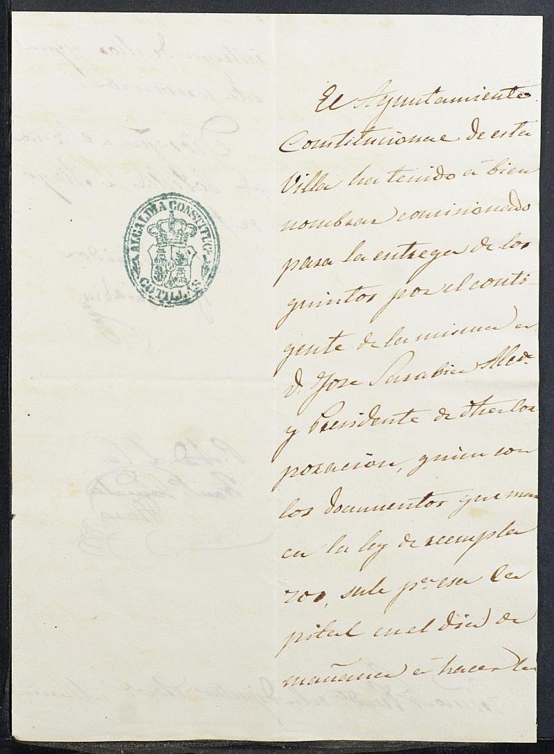 Copia certificada del acta del alistamiento, rectificación y sorteo de los mozos para el Ejército del Ayuntamiento de Las Torres de Cotillas del reemplazo de 1856.