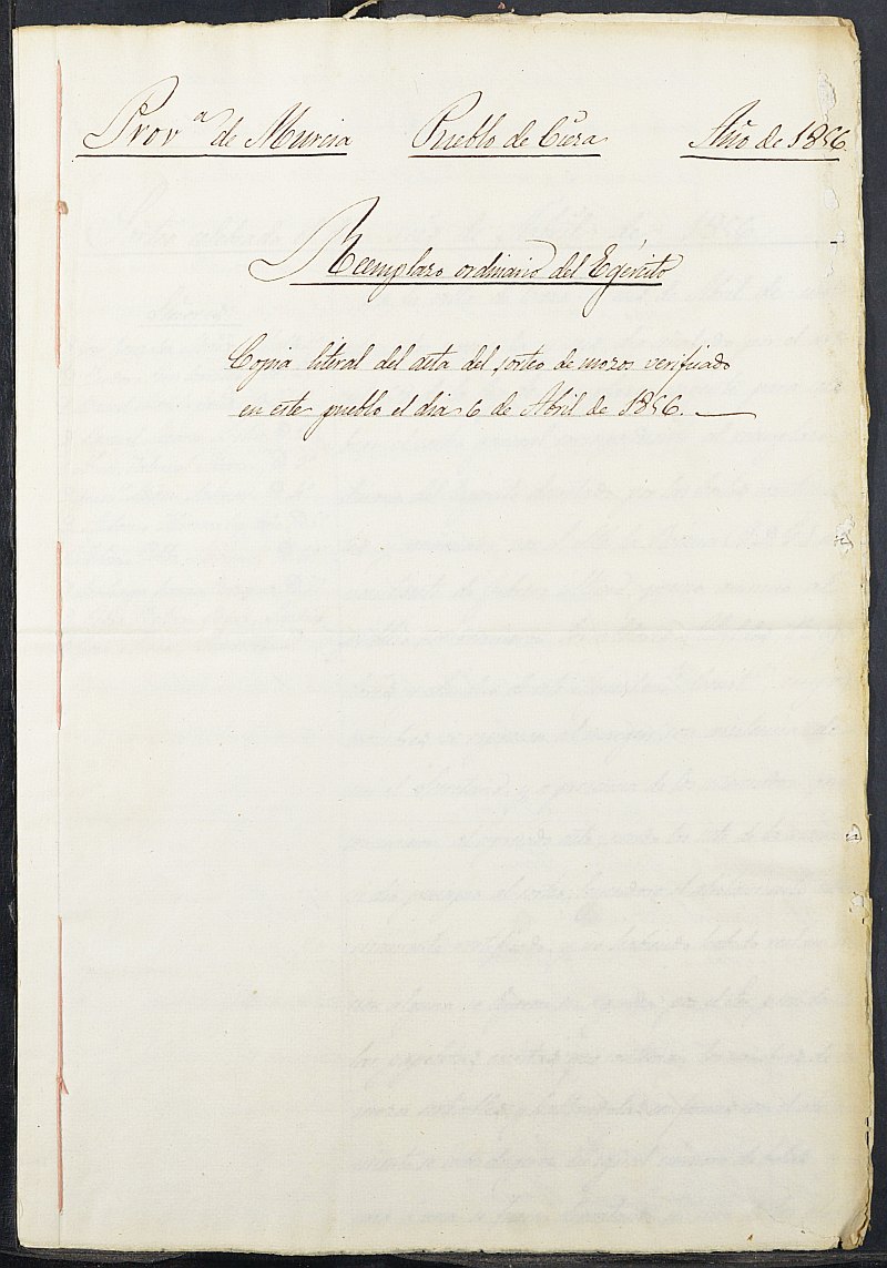 Copia certificada del acta del sorteo para el Ejército del Ayuntamiento de Cieza del reemplazo de 1856.
