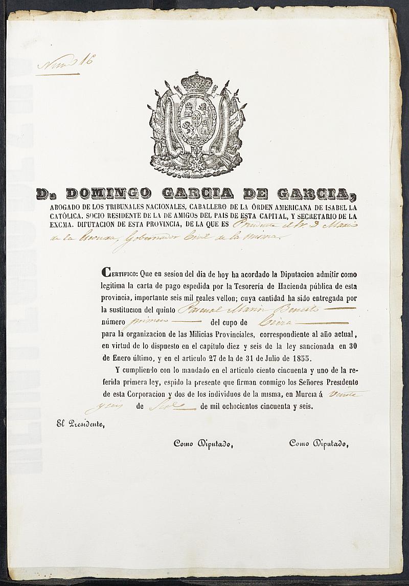 Certificados de las cartas de pago de la sustitución para las Milicias Provinciales del reemplazo de 1856 de Cieza.