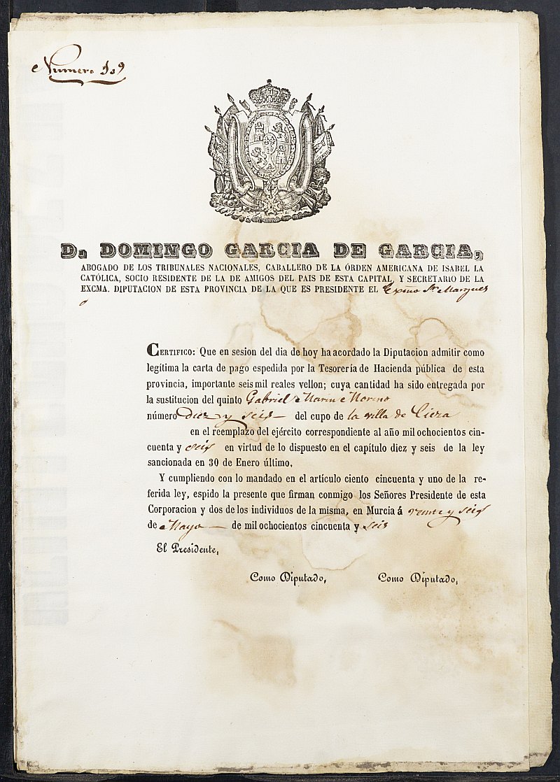 Certificados de las cartas de pago de la sustitución para el Ejército del reemplazo de 1856 de Cieza.