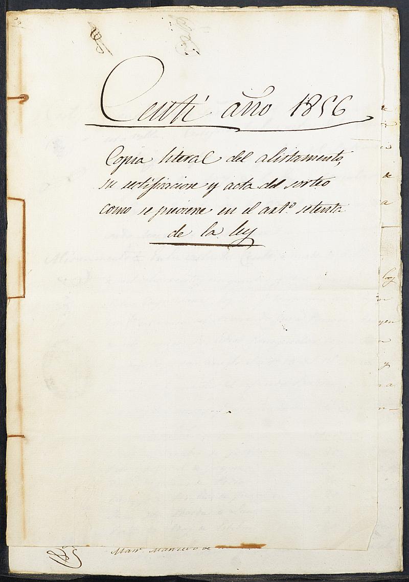 Copia certificada del acta del alistamiento, rectificación y sorteo de los mozos para el Ejército del Ayuntamiento de Ceutí del reemplazo de 1856.