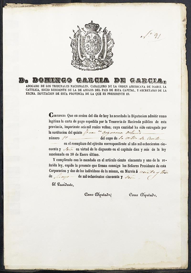 Certificado de la carta de pago de la sustitución para el Ejército de Francisco Vigueras Ortuño, mozo del reemplazo de 1856 de Ceutí.
