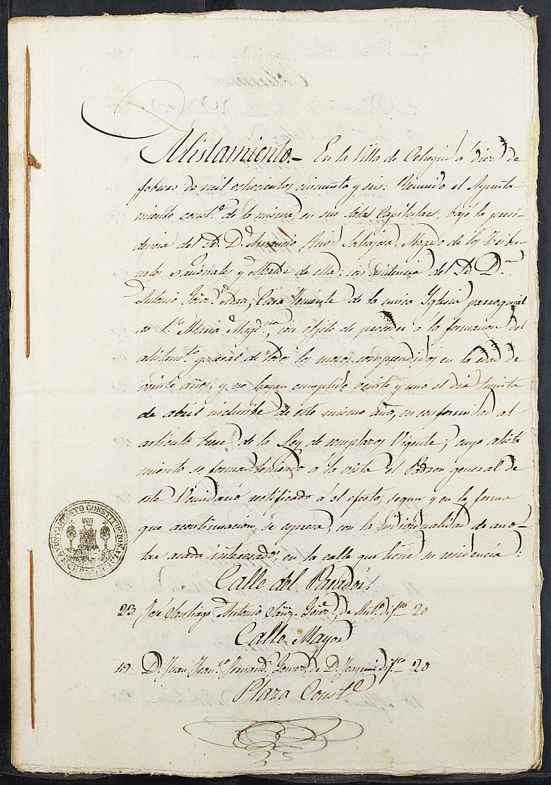 Copia certificada del acta del alistamiento, rectificación y sorteo de los mozos para el Ejército del Ayuntamiento de Cehegín del reemplazo de 1856.