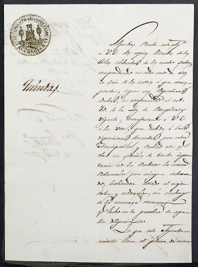 Copia certificada del acta del alistamiento, rectificación y sorteo de los mozos para las Milicias Provinciales del Ayuntamiento de Cehegín del reemplazo de 1856.