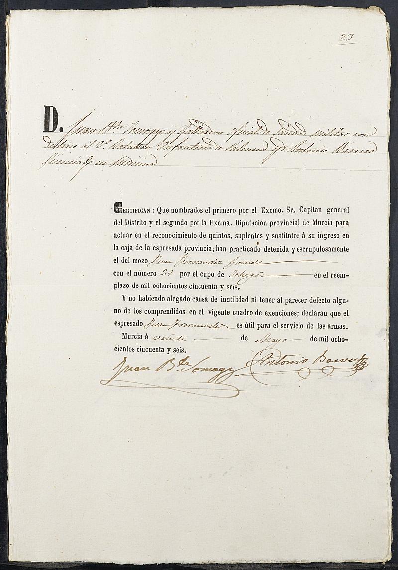 Certificados de las revisiones médicas de los mozos que alegan causa de excepción del servicio militar para el Ejército del reemplazo de 1856 de Cehegín.