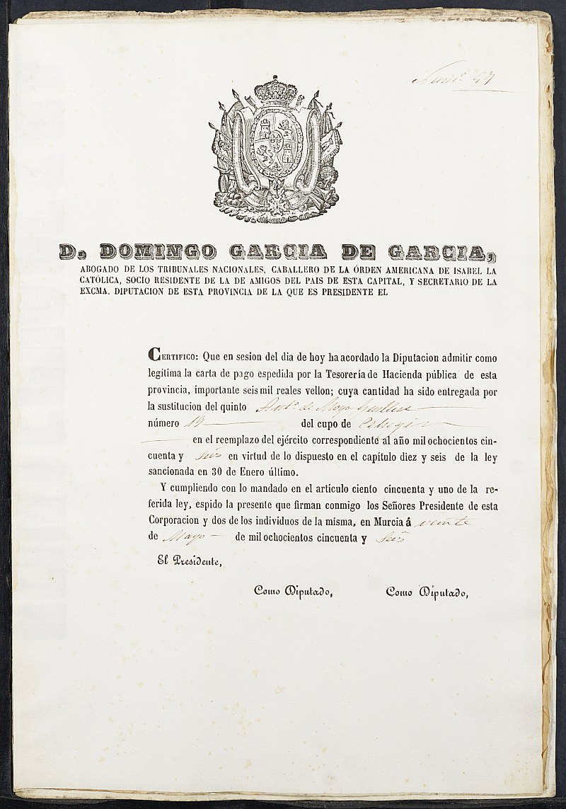 Certificados de las cartas de pago de la sustitución para el Ejército del reemplazo de 1856 de Cieza..