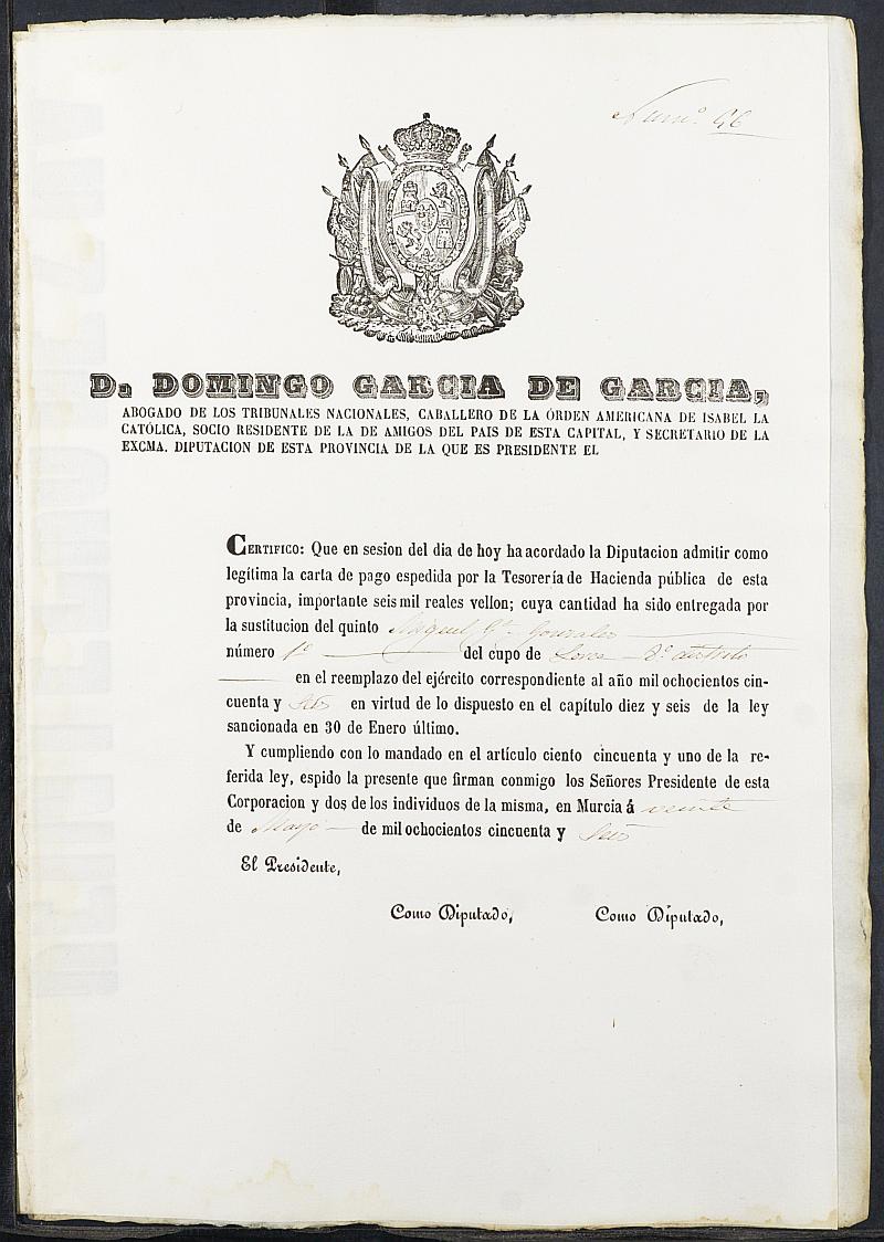 Certificados de las cartas de pago de la sustitución para el Ejército del reemplazo de 1856 de Lorca.