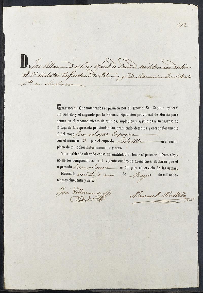 Certificados de las revisiones médicas de los mozos que alegan causa de excepción del servicio militar para el Ejército del reemplazo de 1856 de Librilla.