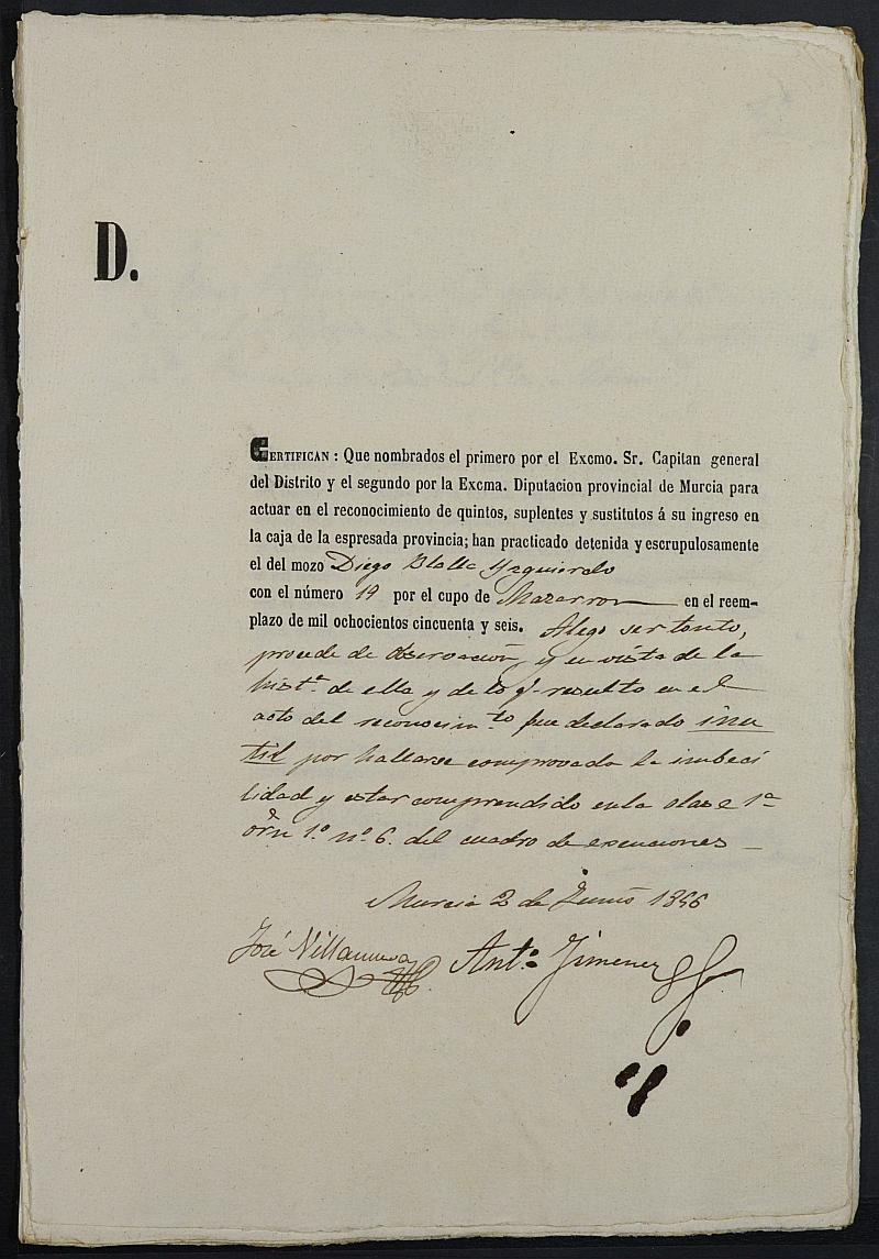 Certificados de las revisiones médicas de los mozos que alegan causa de excepción para el Ejército del reemplazo de 1856 de Mazarrón.