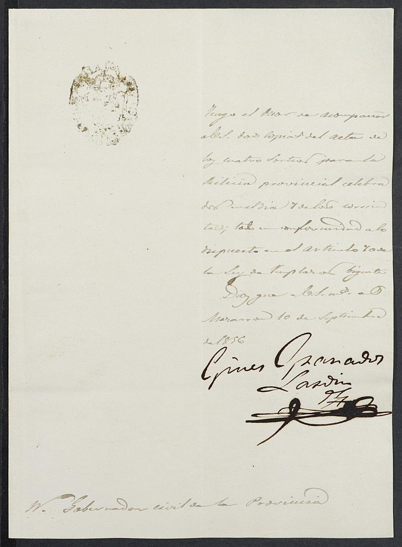 Copia certificada del acta de alistamiento, rectificación y sorteo de los mozos para las Milicias Provinciales del Ayuntamiento de Mazarrón del reemplazo de 1856.