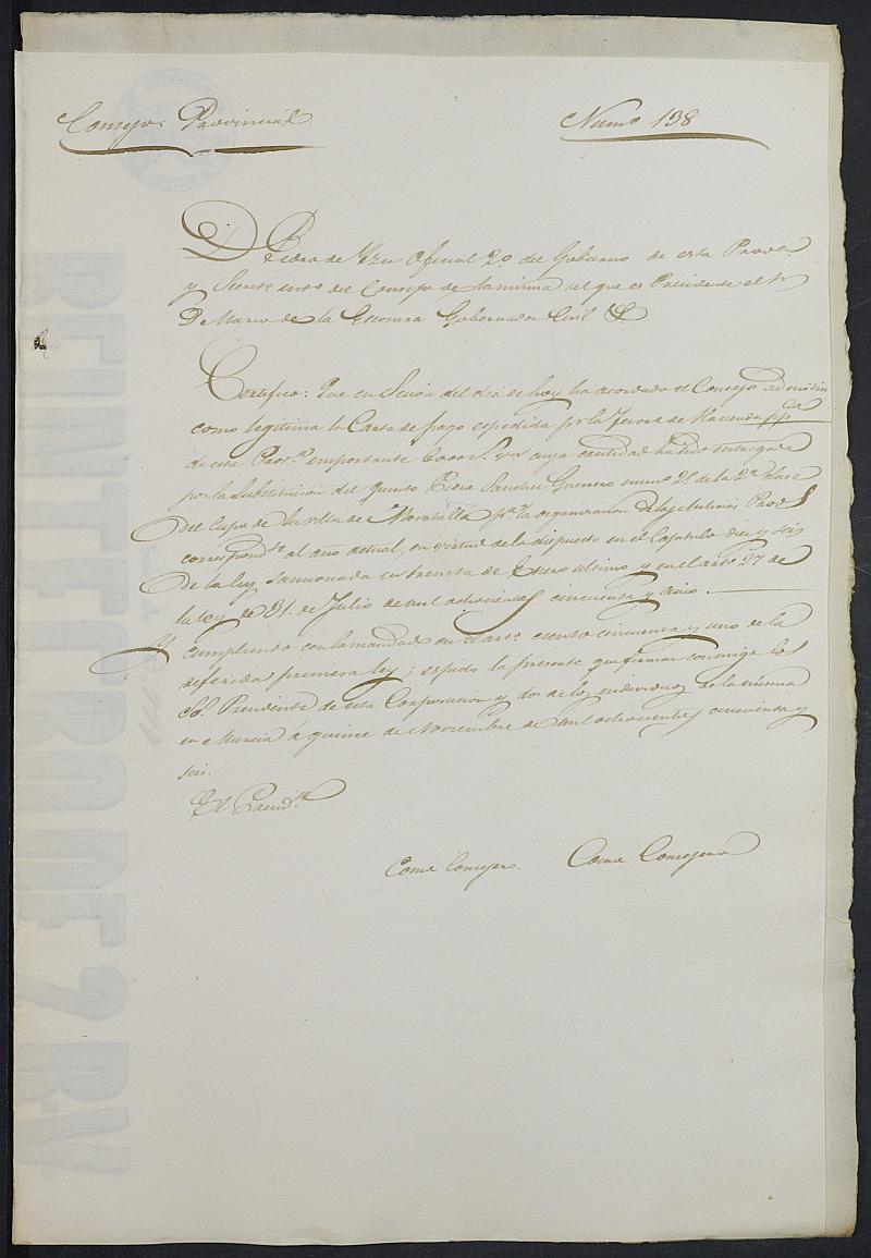 Certificados de las cartas de pago de la sustitución para las Milicias Provinciales del reemplazo de 1856 de Moratalla.