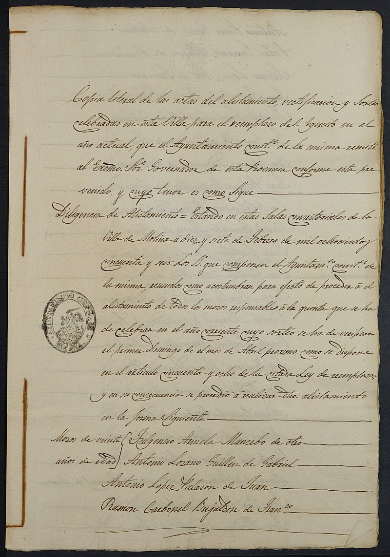 Expediente General de Reclutamiento y Reemplazo de Molina de Segura. Año 1856.