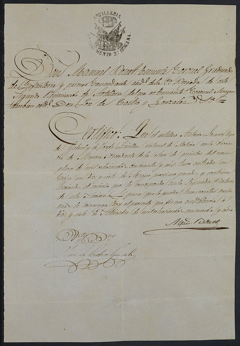 Certificado de servicio como voluntario del Ejército de Antonio Lozano para la excepción del servicio militar, mozo del reemplazo de 1856 de Molina de Segura.