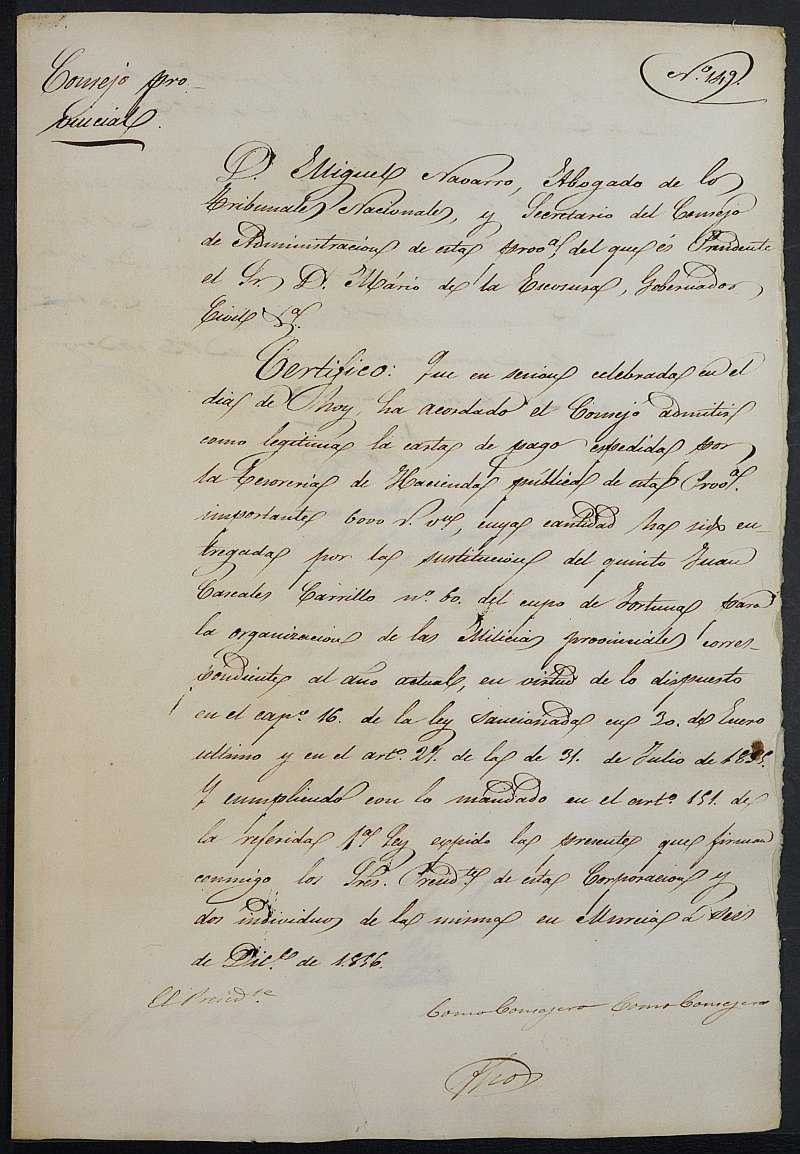 Certificado de la carta de pago de la sustitución para las Milicias Provinciales de Juan Cascales Carrillo, mozo del reemplazo de 1856 de Molina de Segura.