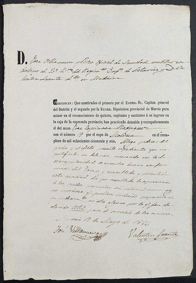 Certificados de las revisiones médicas de los mozos que alegan causa de excepción para el Ejército del reemplazo de 1856 de Molina de Segura.