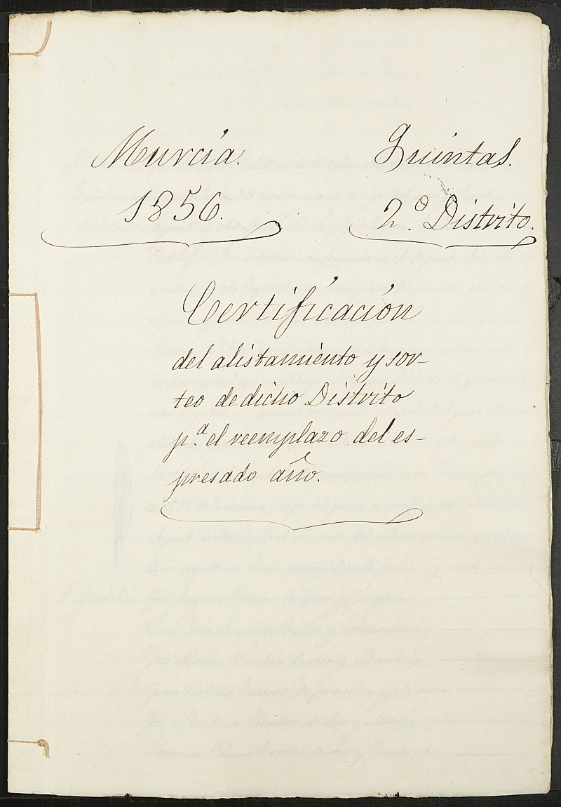 Copia certificada del acta de alistamiento, rectificación y sorteo de los mozos del Segundo Distrito para el Ejército del Ayuntamiento de Murcia del reemplazo de 1856.