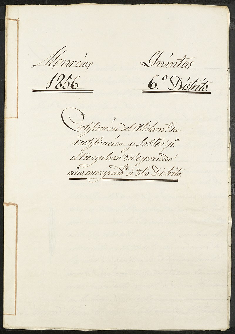 Copia certificada del acta de alistamiento, rectificación y sorteo de los mozos del Sexto Distrito para el Ejército del Ayuntamiento de Murcia del reemplazo de 1856.
