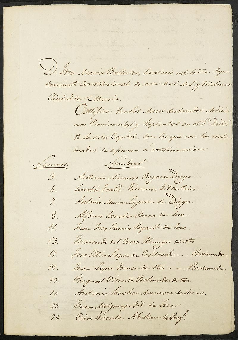 Certificado de los mozos declarados milicianos del Quinto Distrito del Ayuntamiento de Murcia del reemplazo de 1856.