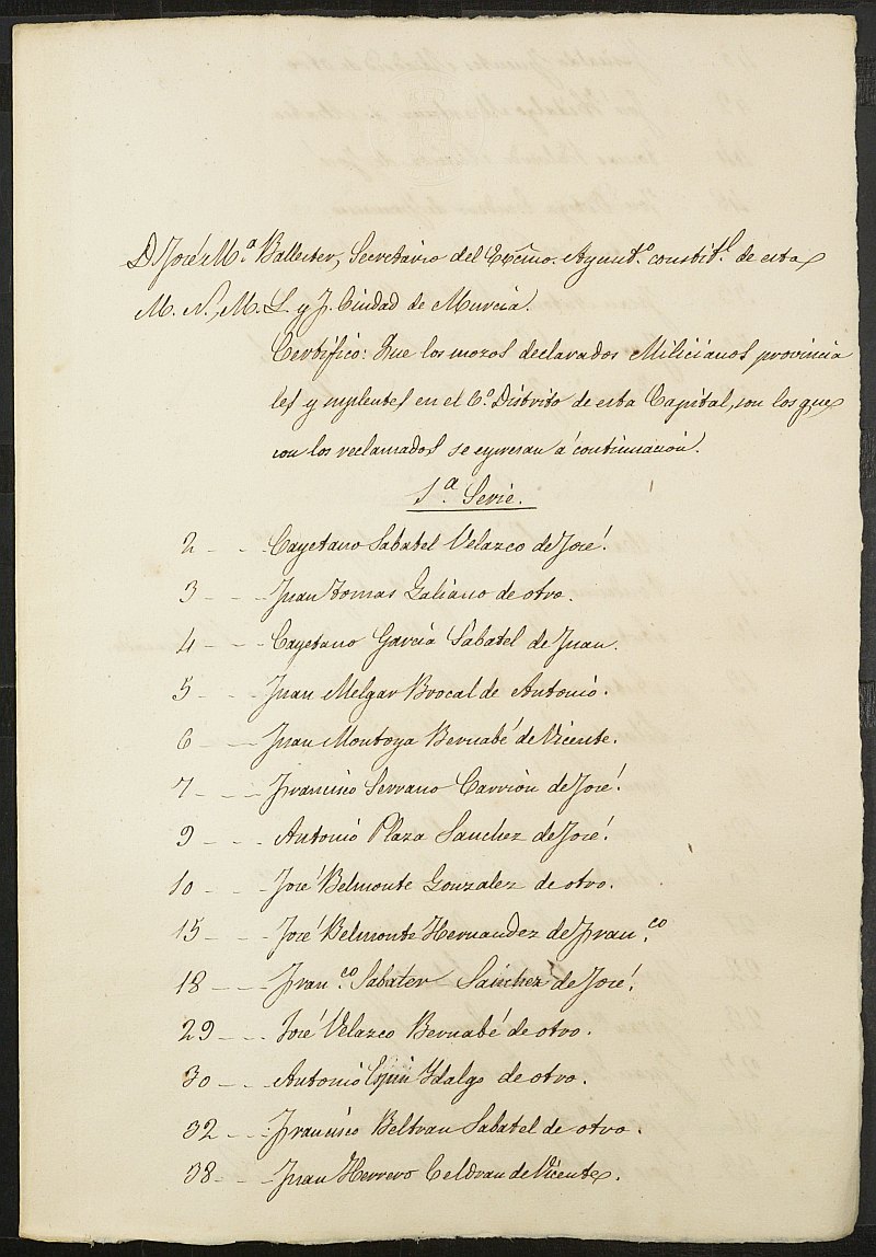 Certificado de los mozos declarados milicianos del Sexto Distrito del Ayuntamiento de Murcia del reemplazo de 1856.